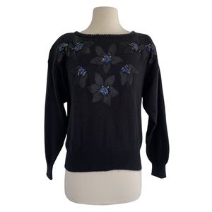 Vintage 80s 90s Sequin Floral Applique Black Knit Sweater Small Petite